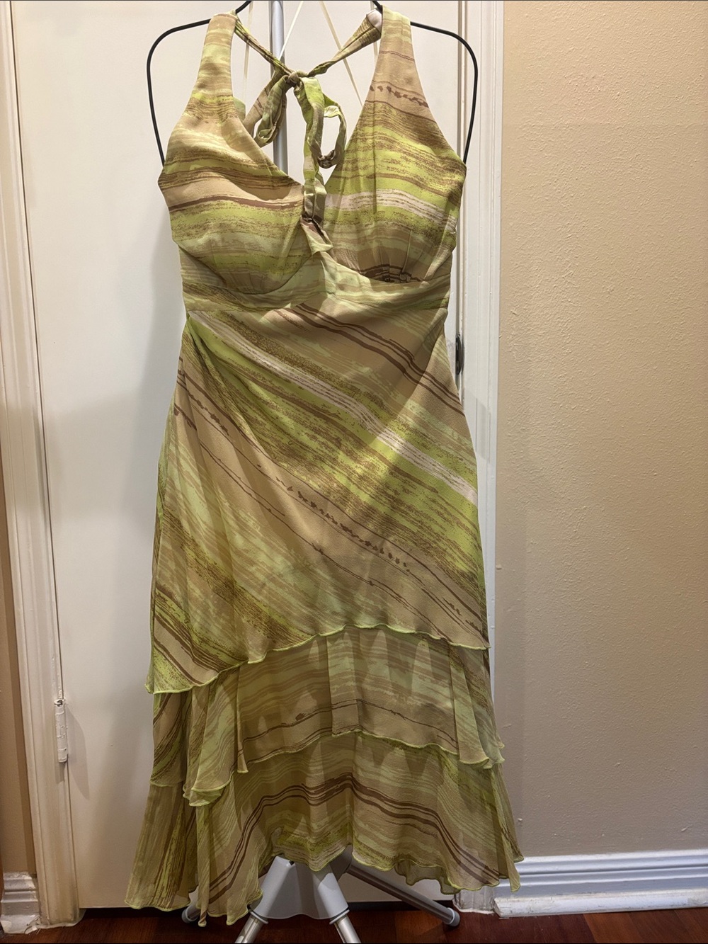 Signature by Sangria Lime and Tan Striped High-Low Halter Dress